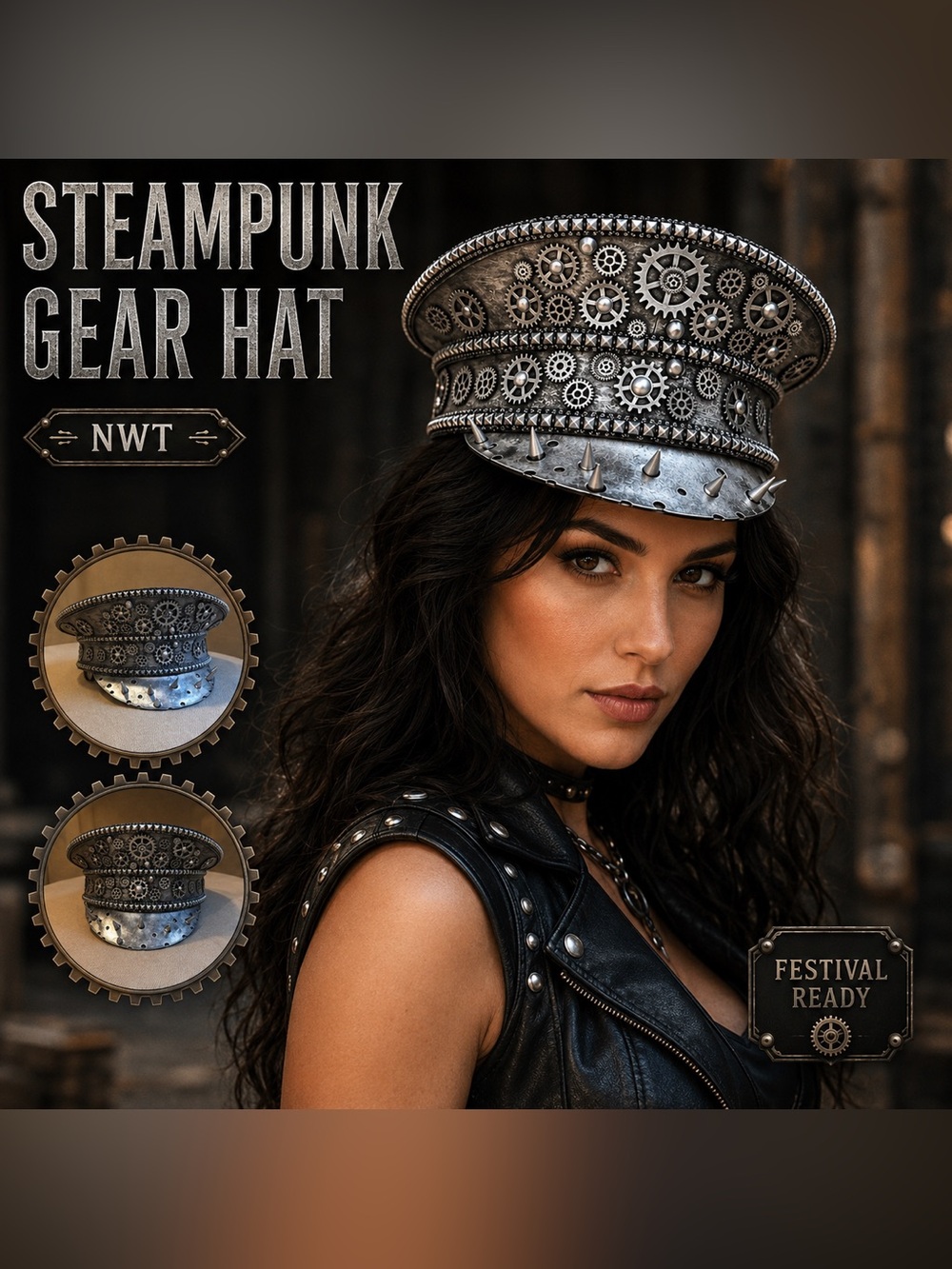 Steampunk Gear Spike Captain Hat NWT Burning Man Rave Festival Costume - Picture 11 of 11
